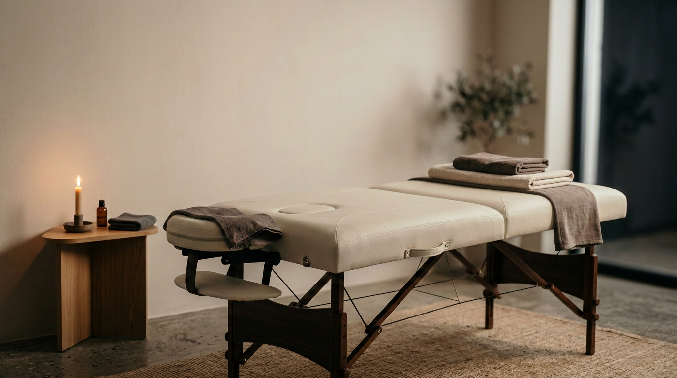 A calm treatment room at Rohi with an off-white massage table