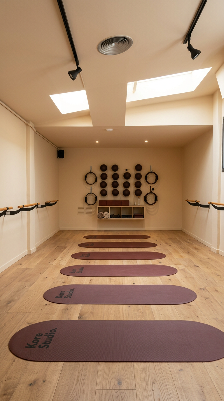 The Movement Room at Rohi — Kore Studio mats on oak floor beneath twin skylights