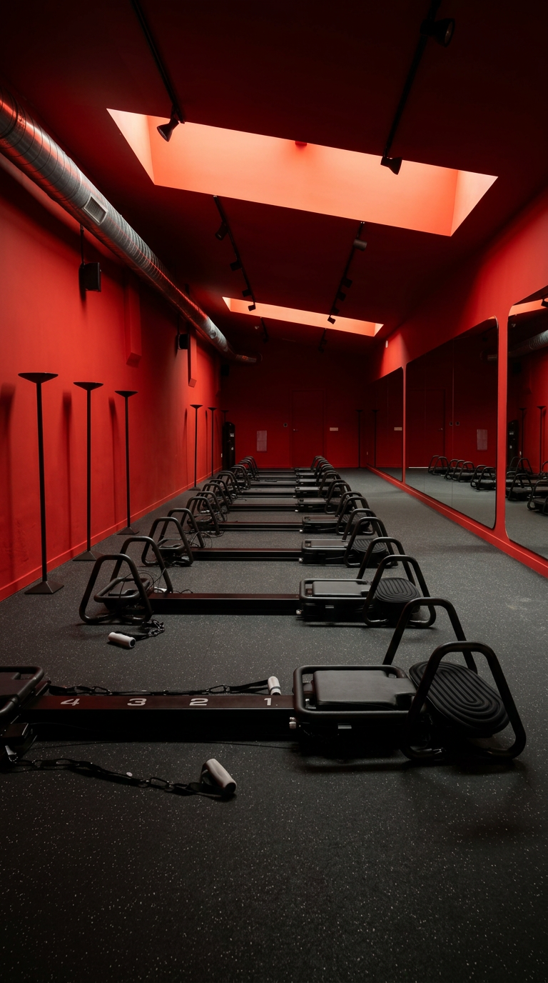 The Red Room at Rohi — a line of Lagree Microformers under a skylight in a deep red studio
