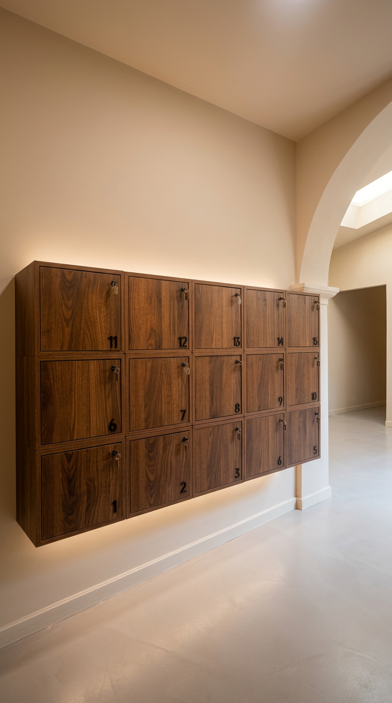 A wall of thirty numbered walnut lockers at Rohi