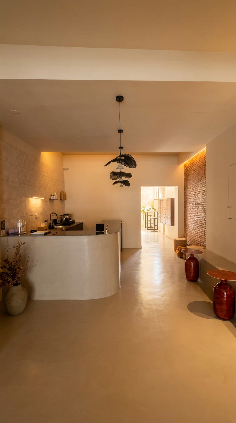The Rohi reception and healthy bar — a curved plaster counter, warm lighting and exposed brick