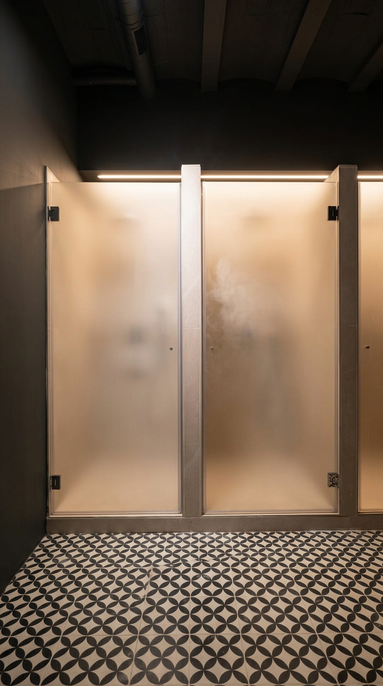 Frosted glass shower cabins over patterned floor tiles at Rohi